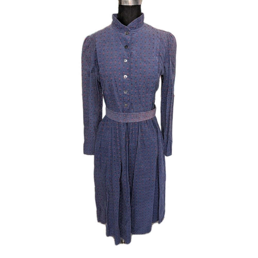 EUC Vintage Laura Ashley Modest Blue & Red Floral Corduroy Midi Dress US Size 10